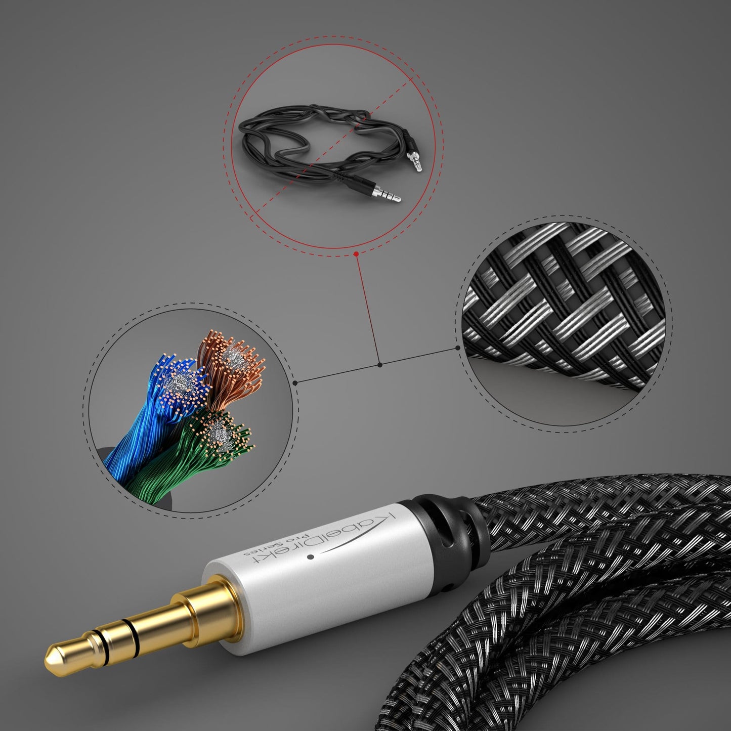 AUX audio & jack cable - designed to be indestructible & ideally suited for iPhones, iPads, smartphones, cars - silver