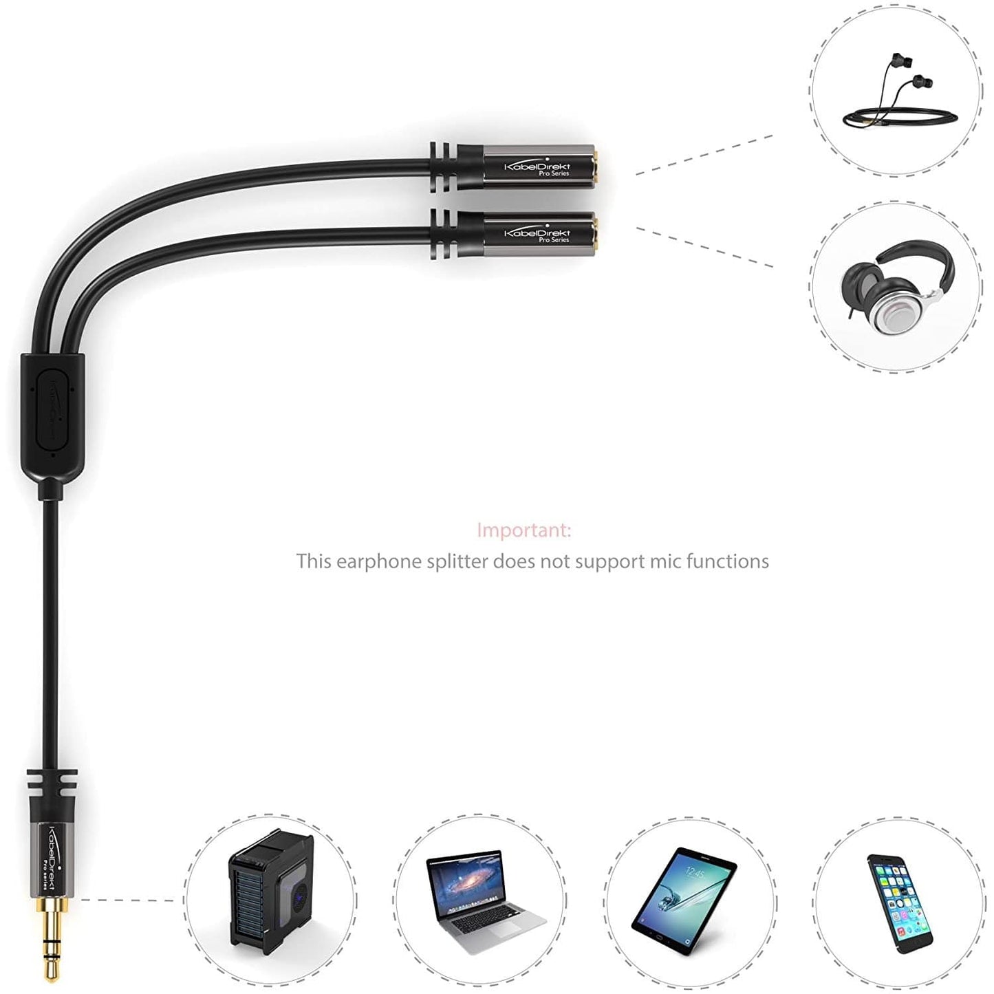 3.5mm Y Adapter - Jack splitter for two headphones, 1×3.5mm male to 2×3.5mm female