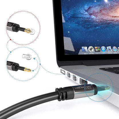 TOSLINK to mini-TOSLINK, optical audio cable, fiber optic cable, transmits digital audio signals to televisions/amplifiers/hi-fi devices, black