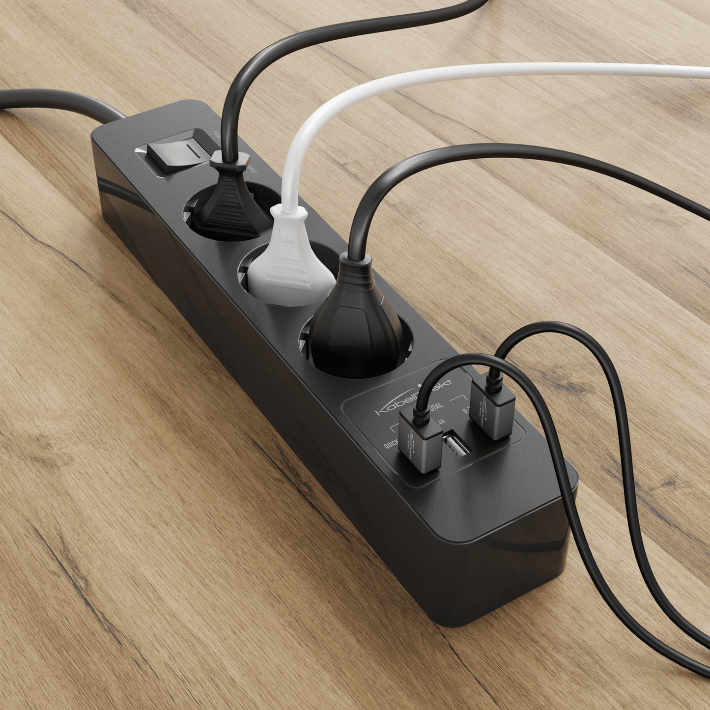 Power strip black - TÜV-certified multiple socket with USB and Quick Charge