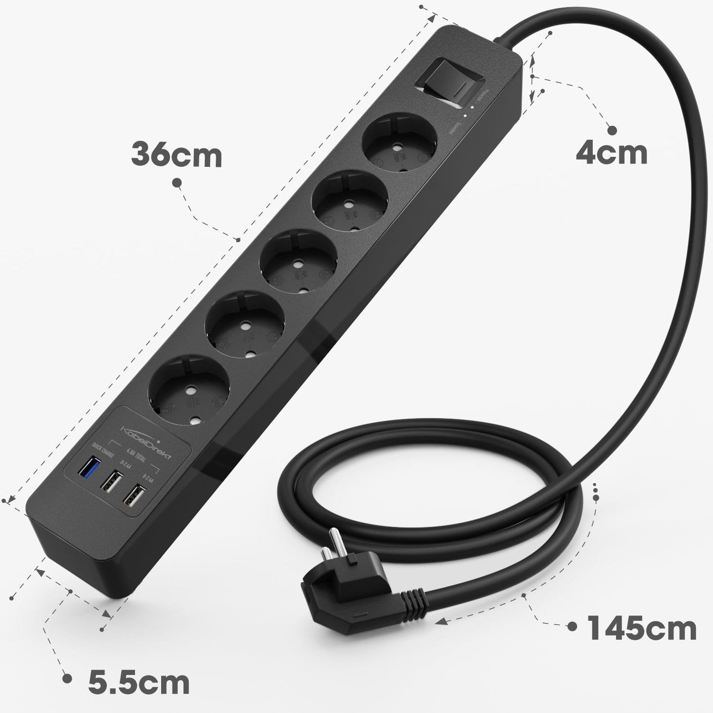 Power strip black - TÜV-certified multiple socket with USB and Quick Charge