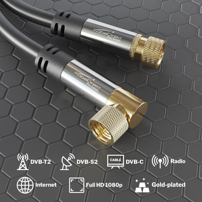 SAT cable 90° angled to straight F connector, 75 Ohm - coaxial cable for HD TV, radio, DVB-T2, DVB-C, DVB-S, DVB-S2
