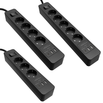 Power strip black - TÜV-certified multiple socket with USB and Power Delivery
