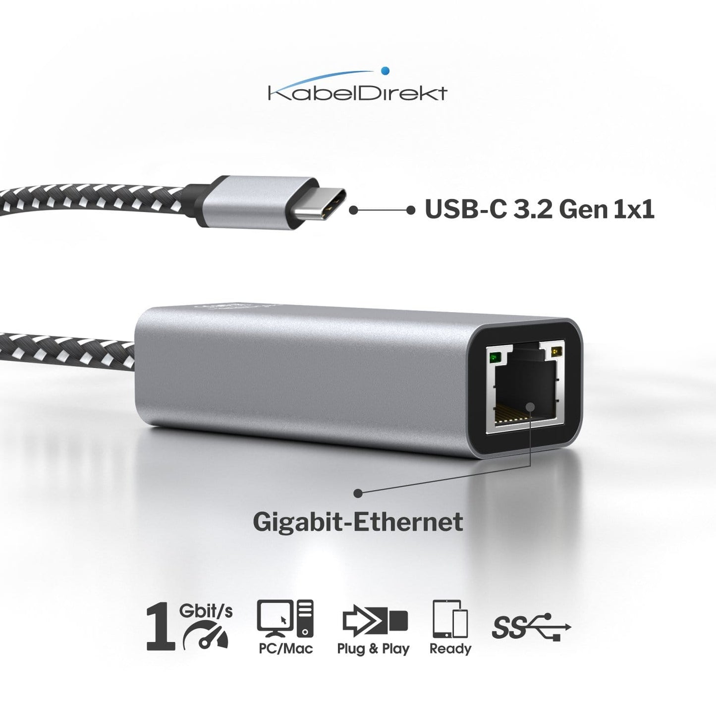 USB-C Ethernet Adapter – Zum Anschließen von Netzwerkkabeln an Geräte mit USB-C Anschluss, 1 Gbit/s