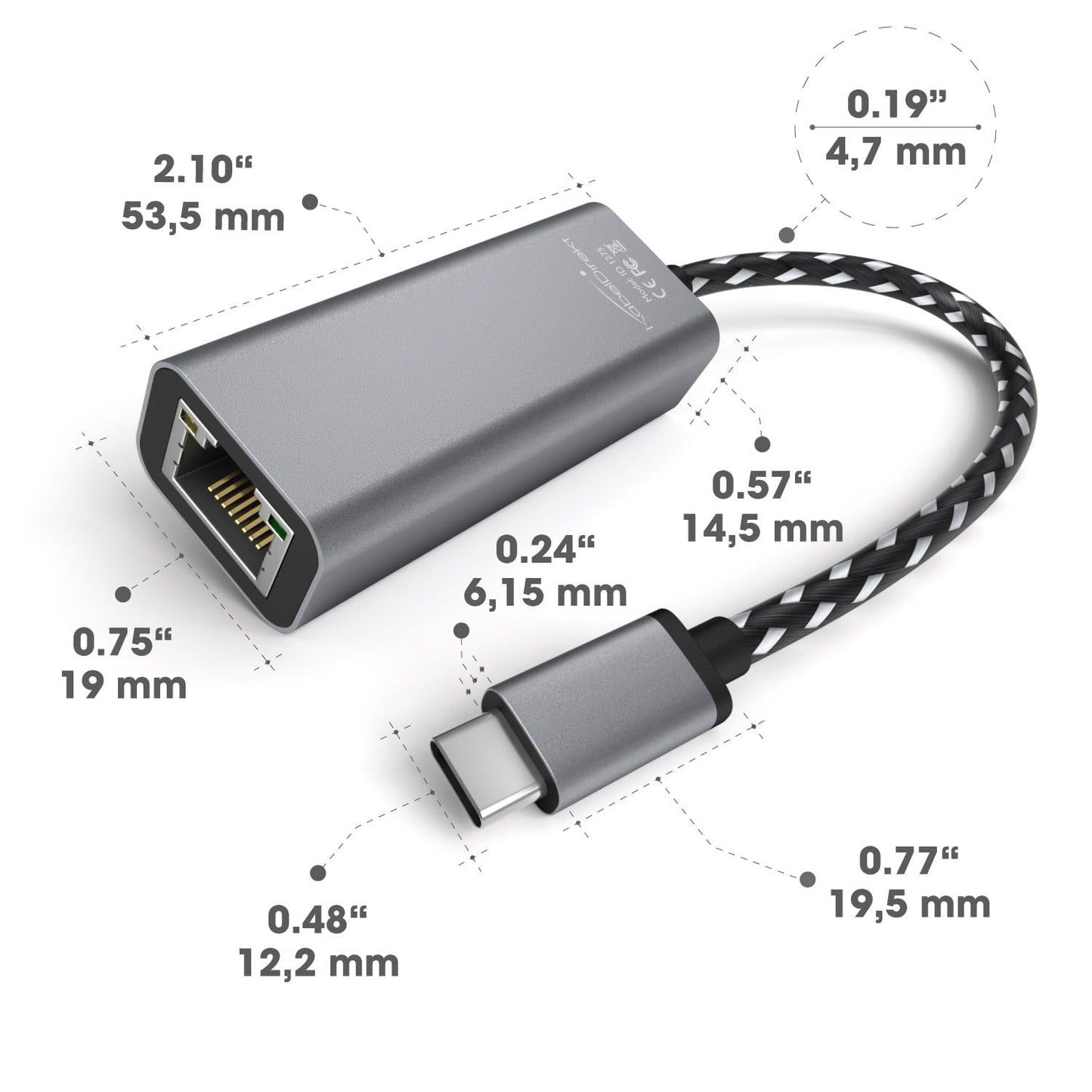 USB-C Ethernet Adapter - For connecting network cables to devices with a USB-C port, 1 Gbps
