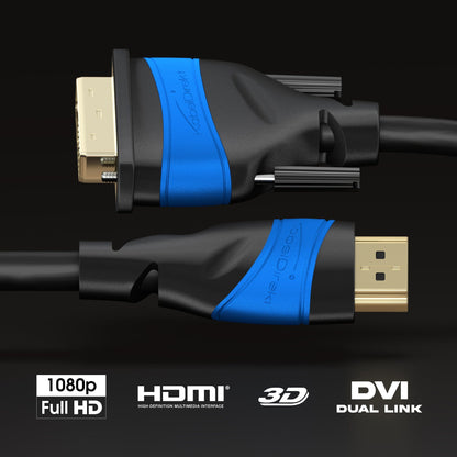 HDMI-DVI Adapter Cable - Bi-directional, DVI-D 24+1/High Speed ​​HDMI Cable, 1080p/Full HD, Black