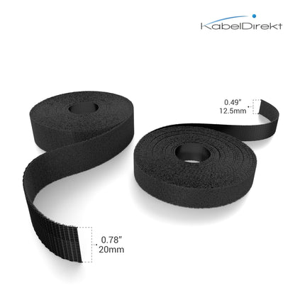 Hook and Loop Cable Ties - Free Cut Reusable Hook and Loop Tape Roll 20mm Wide Black