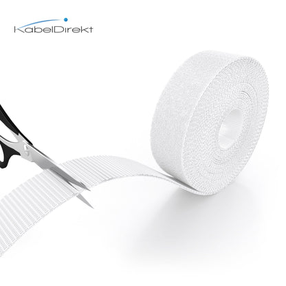 Klett-Kabelbinder – frei zuschneidbare, wiederverwendbare Klettband-Rolle, 20 mm breit, weiß