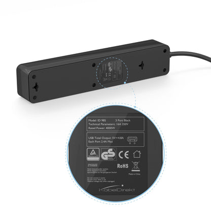 Power strip black - TÜV-certified multiple socket with 3-way USB