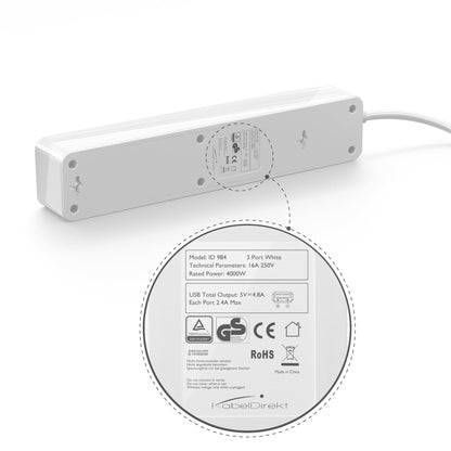 Socket strip white - TÜV-certified multiple socket with 3-way USB